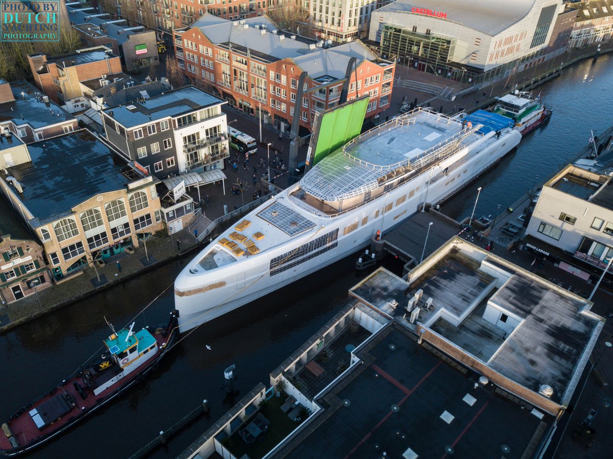 Dutchyachting's tweet photo. #Project710 left #Gouda for #Gouwerak early this morning. YN710 arrived at #Feadship in #Aalsmeer just after the #sundeck was hoisted on the 84m/ 275’7” hull. Have a look on our Facebook page https://t.co/G2kNSo9Wzh to see all images. Photos: The Nautical Lady & @DutchYachting. https://t.co/DCMGM9tpkV