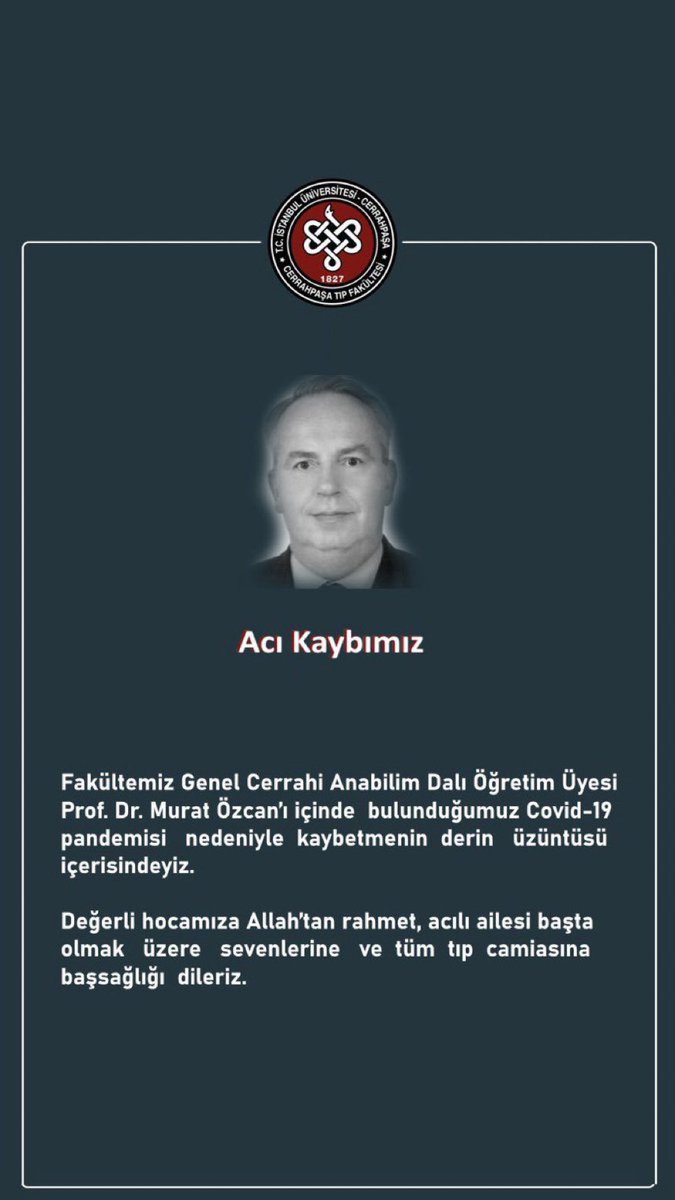 Prof Dr Murat Özcan ağabeyimizi kaybetmenin derin üzüntüsü içindeyim. Allah’tan rahmet diliyorum, mekanı cennet olsun. Ailesinin, sevenlerinin ve camiamızın başı sağ olsun.