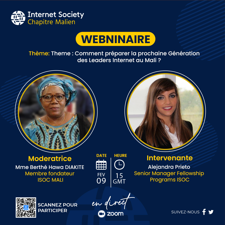 ISOC MALI, le chapitre malien d'Internet Society (@isocml) on Twitter photo Comment préparer la prochaine Génération des Leaders Internet au Mali?
Ne ratez pas ce webinaire de haut niveau le 09/02 Ă 15H TU par @ISOCML en partenariat avec <a href="/internetsociety/">Internet Society</a>
Intervenante: <a href="/AlejandraPriGon/">Alejandra Prieto</a>
Modératrice: BERTHE Hawa DIAKITE
Inscription : bit.ly/3or09P7 Comment préparer la prochaine Génération des Leaders Internet au Mali?
Ne ratez pas ce webinaire de haut niveau le 09/02 Ă 15H TU par @ISOCML en partenariat avec <a href="/internetsociety/">Internet Society</a>
Intervenante: <a href="/AlejandraPriGon/">Alejandra Prieto</a>
Modératrice: BERTHE Hawa DIAKITE
Inscription : bit.ly/3or09P7