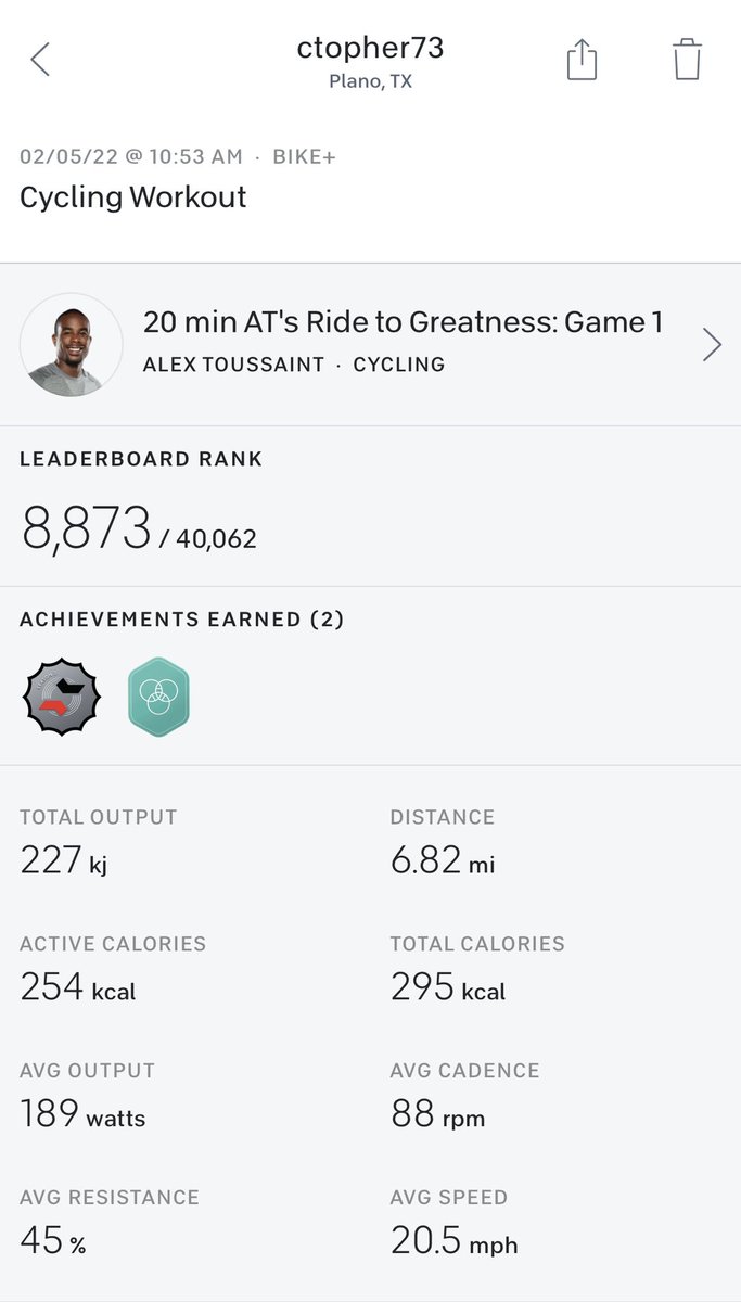 ctopher73's tweet photo. My lungs don’t like me! Huffing and puffing sucking for air… 😤
Good ride, may try to jump on one of these live game rides with @alextoussaint25. #teamvalidate #fitleaders @onepeloton https://t.co/xn5fDW2HzB