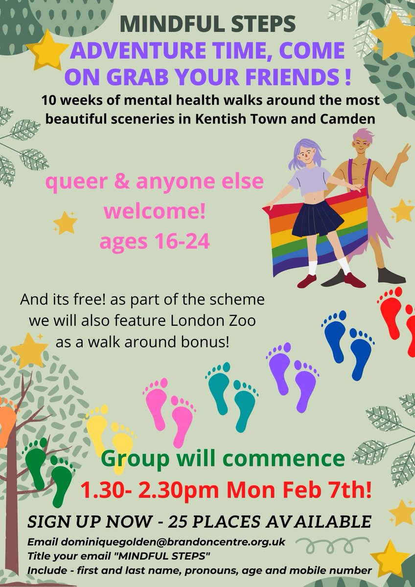 BrandonCentre's tweet photo. #mindfulsteps. Last two days to apply for this great initiative for 10 FREE weeks of #mentalhealth walks around beautiful sceneries in #kentishtown #camden

Queer and anyone else welcome - ages 16-24.

https://t.co/pwdSqSfMlR

@Bjuliabrown https://t.co/rh7IIXIzjM