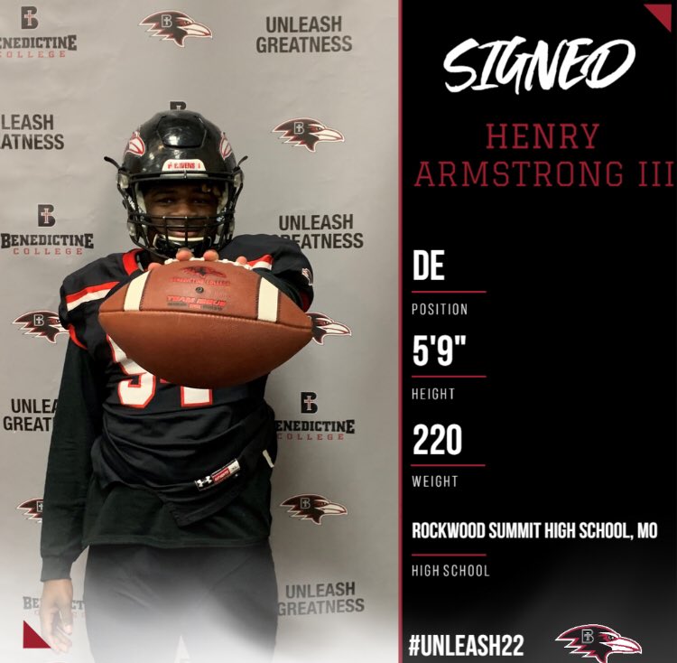Henry Armstrong lll (@henryarmstron54) on Twitter photo I am excited to announce that I will be continuing my athletic and academic career at Benedictine college  <a href="/RavenFootballBC/">Benedictine Football</a> <a href="/BradHines17/">Brad Hines</a>  <a href="/RSHS_Football/">Summit Football</a>  #UnleashGreatness I am excited to announce that I will be continuing my athletic and academic career at Benedictine college  <a href="/RavenFootballBC/">Benedictine Football</a> <a href="/BradHines17/">Brad Hines</a>  <a href="/RSHS_Football/">Summit Football</a>  #UnleashGreatness
