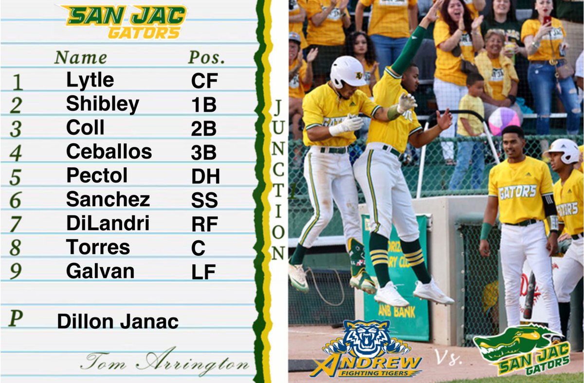 SJRaven_BB's tweet photo. Gators to play visitor to @AndrewTigersBSB today at 1:30pm Central Time. Here is your starting lineup for the game. #Junction https://t.co/p0eTVEvj7n