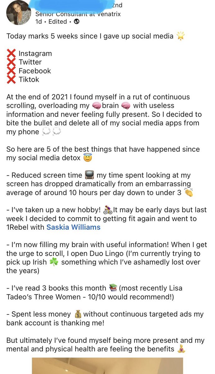 blue_cooper's tweet photo. All the social media, I feel like LinkedIn is the one that failed the most. Business content was there 5 years ago, maybe?! Instead we are now reading posts like this. Because she “gave up” Instagram, she had to post a pic. With a filter that wiped her palm lines https://t.co/o0cItaZWHI