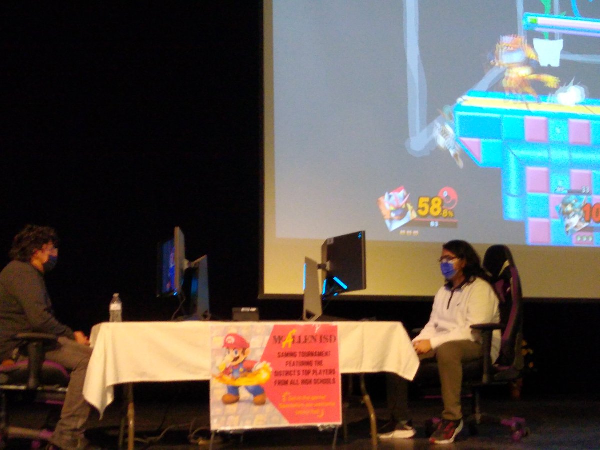 McHiLibrary's tweet photo. Finals of the Smash Ultimate tournament in the McHi Auditorium. Samuel Ordonez of McHi versus Derrick Lopez of Rowe HS. https://t.co/LyRod6jFGc