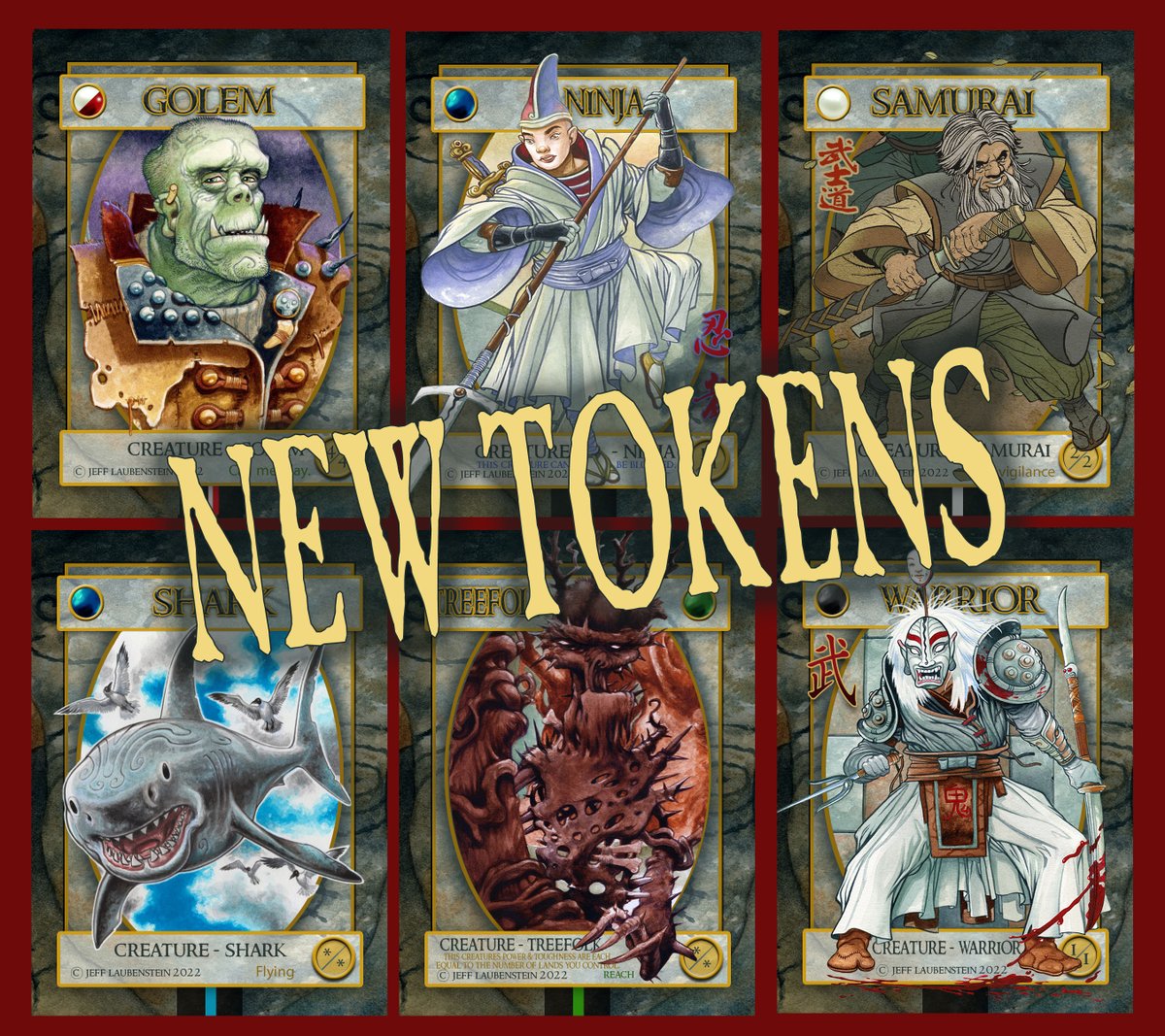 IllustratorJeff's tweet photo. Feb 11-13th I'll be in Valley Forge @ the Casino along with #SCG @ #SCGCON. I have posted some of these. Fresh from the printer are 12 new tokens. Here are the next 6 #MTG #MTGTokens #CustomTokens #ninjatoken #warriortoken #golemtoken #sharktoken #TreefolkToken #StarCityGames😎 https://t.co/w7kGWv995i
