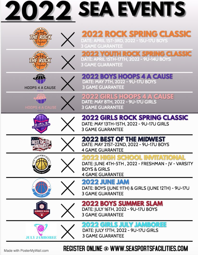 SEAFacilities's tweet photo. Our 2022 Spring/Summer Event Schedule has been released‼️👀

ALL events LIVE streamed by @BallerTV‼️🎥

Registration is LIVE on our website at https://t.co/MEee33RazX‼️

#SEA https://t.co/GPH43SiJ9u