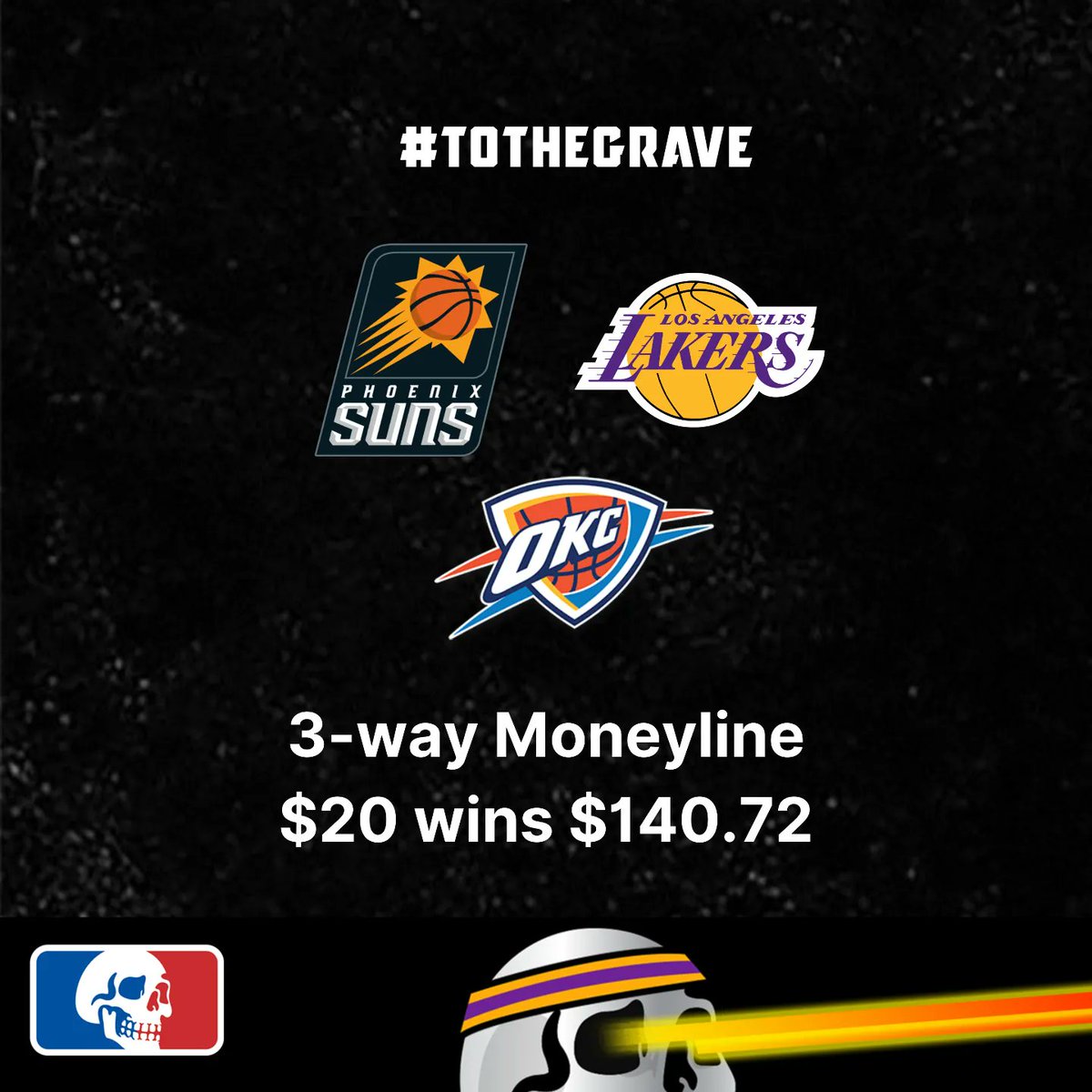 skullcapsnft's tweet photo. No NFL/NHL this weekend, so we're taking our degeneracy to the hardcourt 🏀💀

Suns = wagon, Lakers at home, OKC coming off big comeback win and playing the NBA's most irrelevant team. This is how we win!

#GamblingTwitter #gambling #bettingtwitter #bettingtips #NFTCommunity #NFT https://t.co/k0drxKA5cF