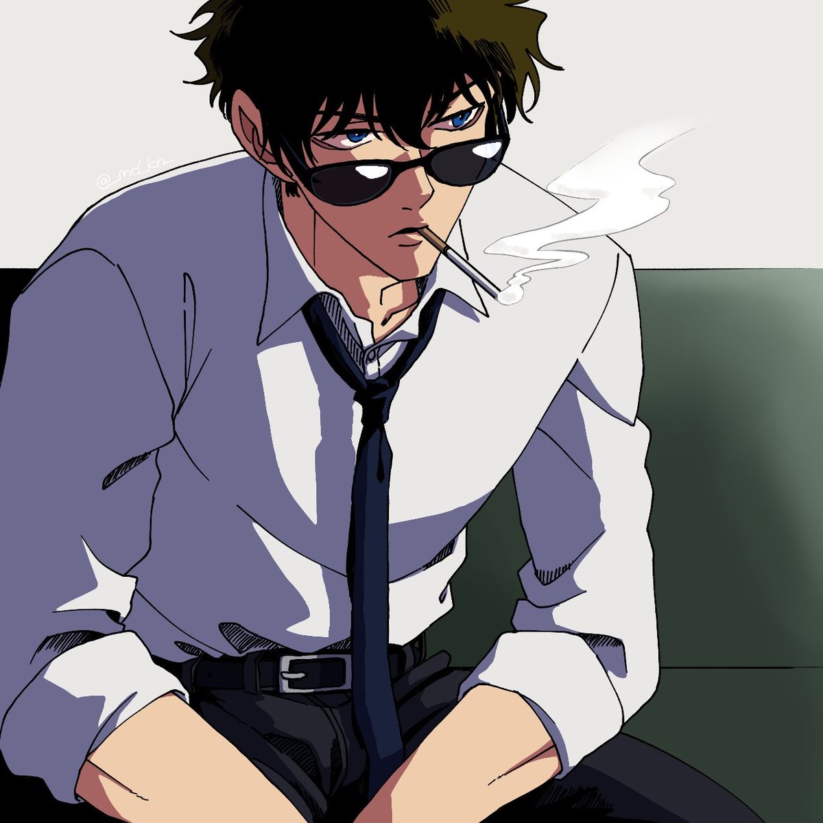 1boy male focus cigarette necktie sunglasses solo smoking  illustration images