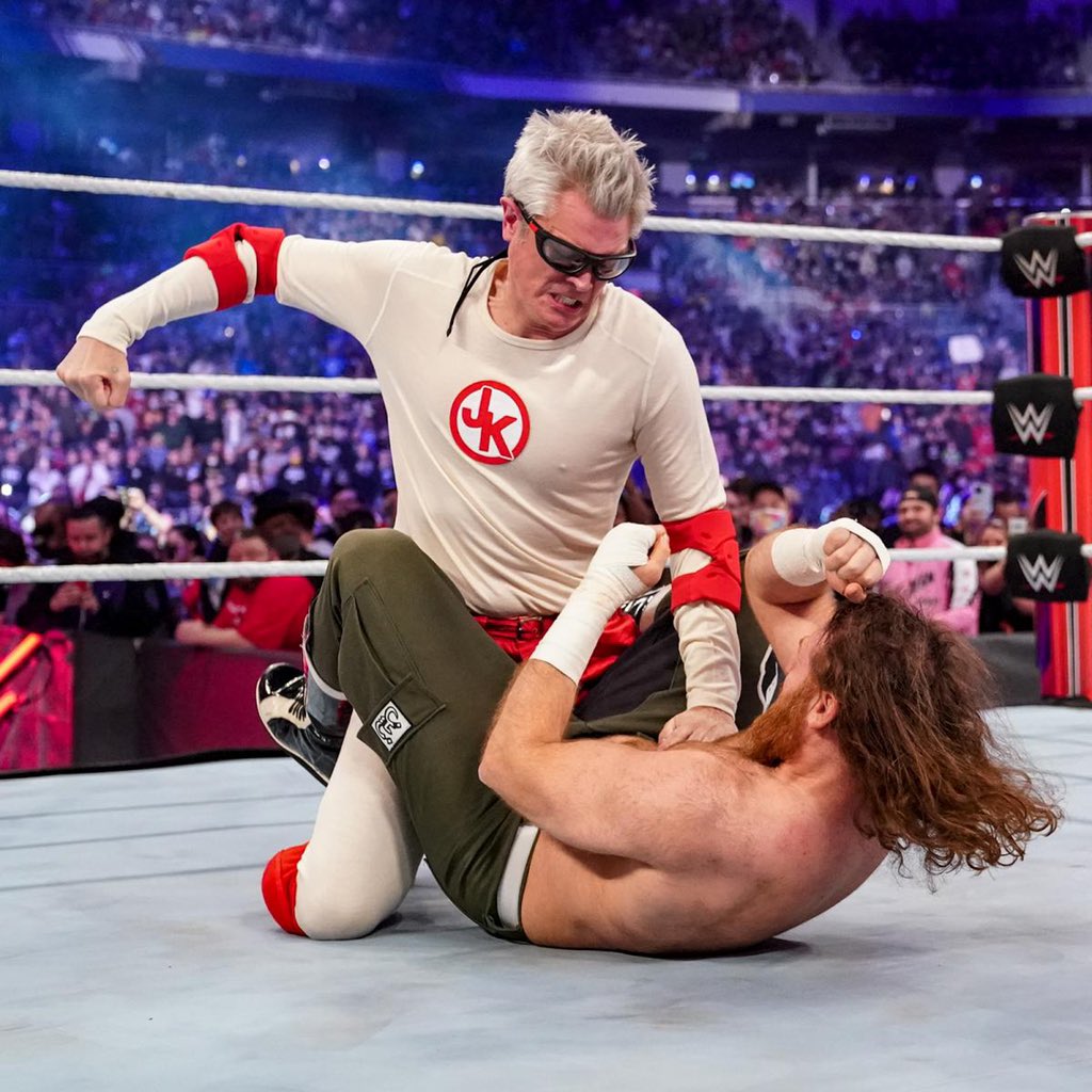 SamiZayn's tweet photo. Johnny Knoxville said over &amp; over he’d eliminate me from the Royal Rumble match.

Well, he didn’t.

He managed to get a few shots in, but I quickly eliminated him by kicking his face in. I lost focus &amp; was then eliminated from the Rumble myself. For that, I blame him entirely. https://t.co/F7hJcyuR9u