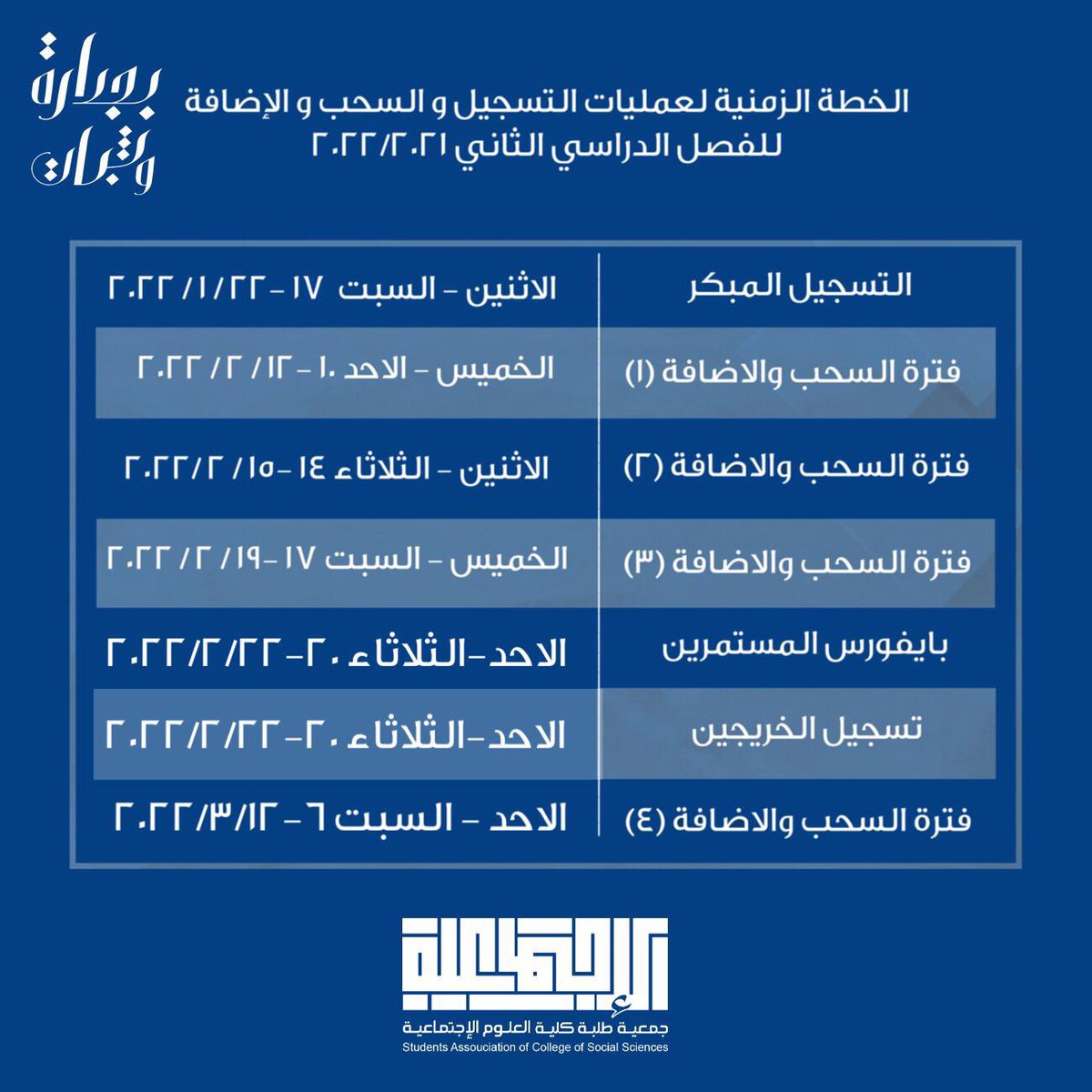 SACSS_KU's tweet image. تعديل على الخطة الزمنية لعمليات التسجيل و السحب و الإضافة للفصل الدراسي الثاني 

#بجدارة_وثبات 
#SAC_SS
