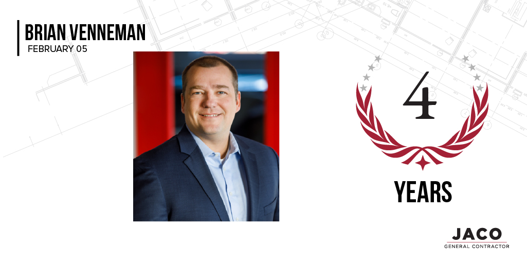 JacoBuildBetter's tweet photo. Happy 4 year work anniversary to Brian Venneman! Your dedication to this company has been such an asset. We are very happy youโre here! โค๏ธ
#Jaco #JacoGeneralContractor #BuildBetter #RethinkConstruction #EmployeeAnniversary #EmployeeAppreciation #WorkAnniversary https://t.co/RG6qQiEVbv
