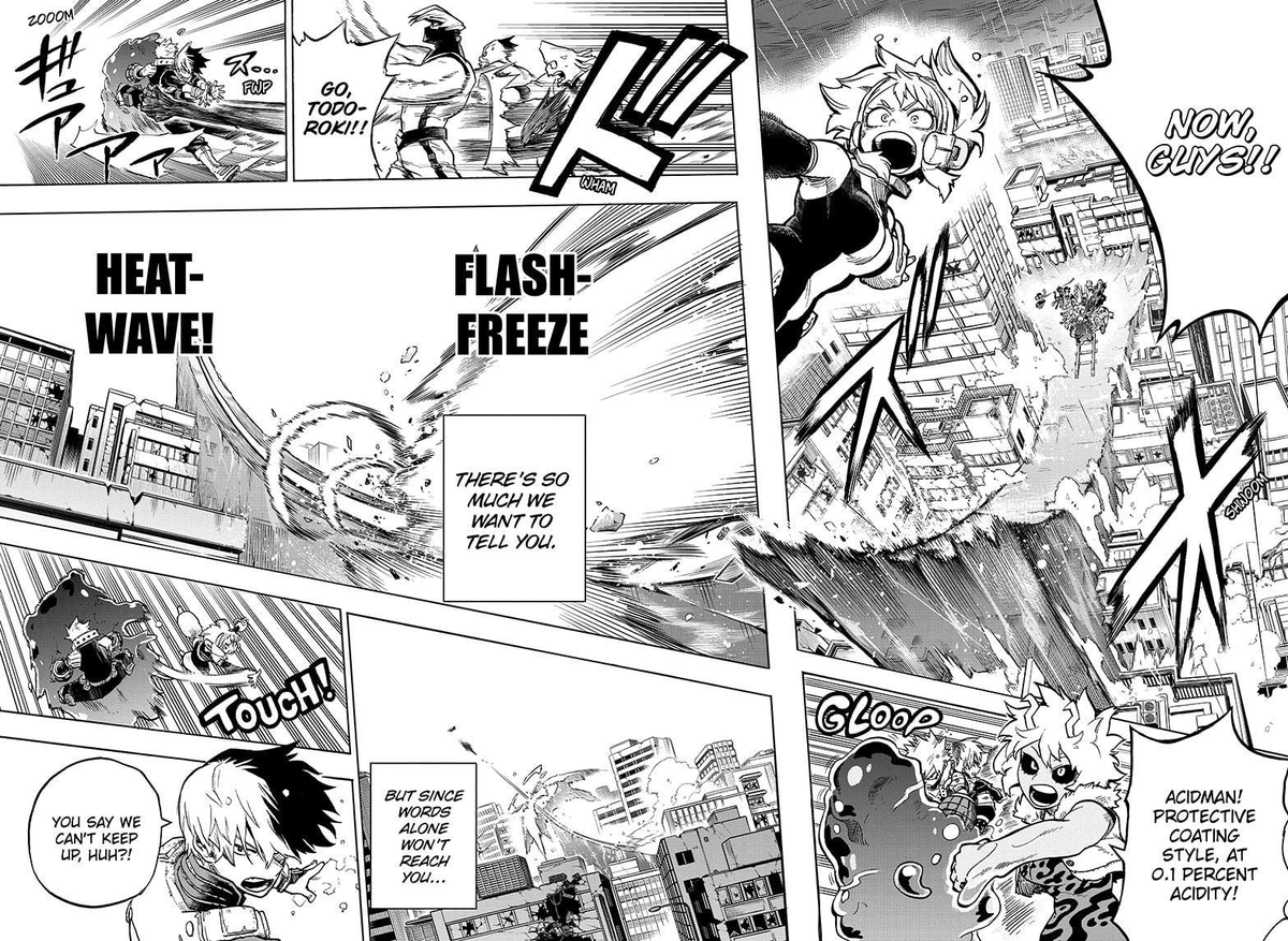 A lot of details were added and some redraws in the ramp. Mina's acid is a bit different and the sky wasn't colored in the weekly publication. 