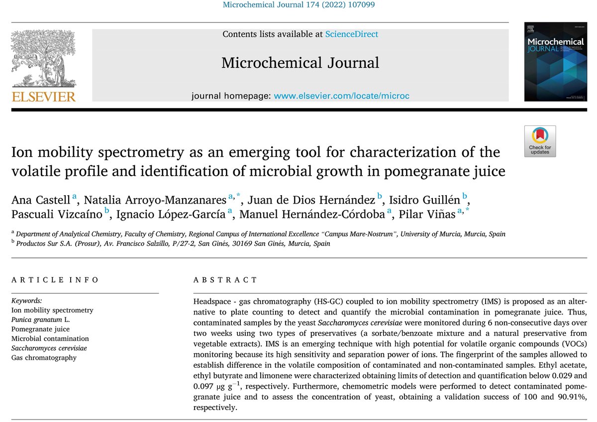 AIM_UMU's tweet photo. Ion mobility spectrometry as an emerging tool for characterization of the volatile profile and identification of microbial growth in pomegranate juice  #MicrochemicalJournal https://t.co/sR87i7KCMq https://t.co/sJfArdhkpi