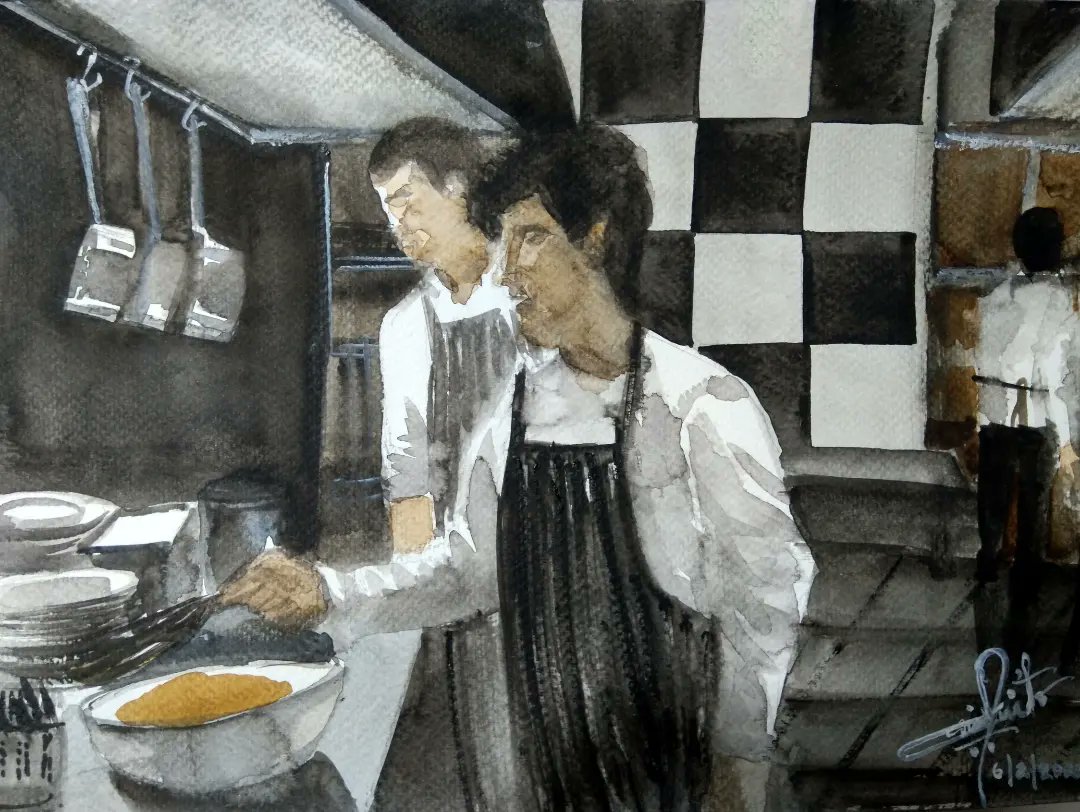 DeonticScorekpr's tweet photo. Chef's Special
Watercolour on A4, 25% cotton, 300gsm, cold pressed watercolour paper.
#kitchen, #kitchenscene #interior, #modularkitchen, #chef, #interiorscene, #impressionism, #WatercolourImpressionism #watercolour, #watercolourpainting, #aquarelle, #realismtoday #CainPinto https://t.co/4dVDupWBaQ