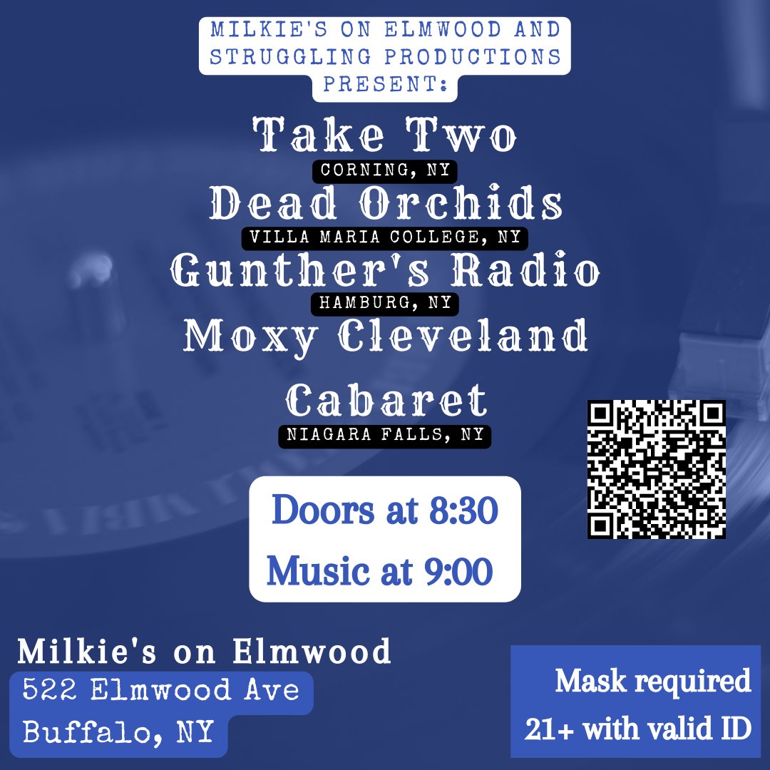 Show TONIGHT (February 5th) featuring Take Two, Dead Orchids, Gunthers Radio, &amp; Moxy Cleveland Cabaret at Milkie's on Elmwood.

Scan the QR code to view the event on Facebook.