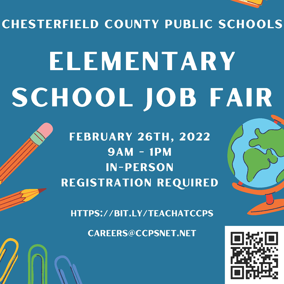 Chesterfield Schools (@ccpsinfo) on Twitter photo This #job fair is exclusively for elementary teachers! #oneCCPS invites teachers of grades K-5 to register for this Feb. 26 in-person recruitment: bit.ly/teachatCCPS. Questions? Email careers@ccpsnet.net. This #job fair is exclusively for elementary teachers! #oneCCPS invites teachers of grades K-5 to register for this Feb. 26 in-person recruitment: bit.ly/teachatCCPS. Questions? Email careers@ccpsnet.net.