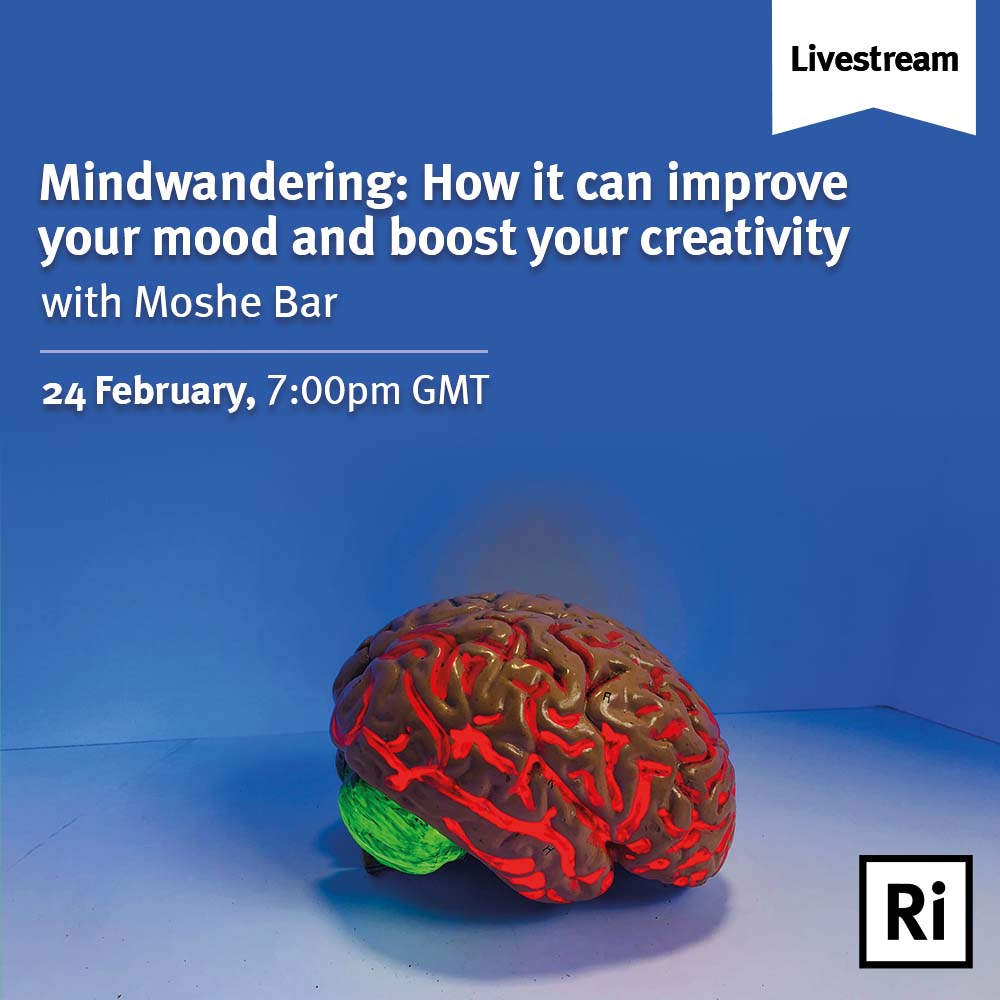 A model of a brain lit up in red and green. Text reads - Mindwandering: How it can improve your mood and boost your creativity. With Moshe Bar. 24 February, 7pm GMT. Livestream