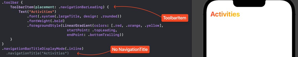 FloWritesCode's tweet image. Want a fancier navigationTitle in #SwiftUI?

You can add a ToolbarItem with a placement of .navigationBarLeading or .principal instead, which lets you fully customise what&apos;s shown.