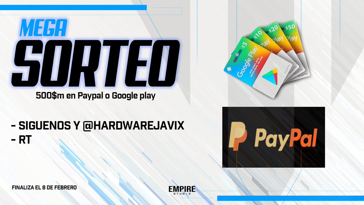 MEGA SORTEO 500$m PAYPAL O GOOGLE PLAY🎁🎁🎁

·Siguenos y @HardwareJavix 
·RT

Finaliza el 8 de Febrero⏰⏰