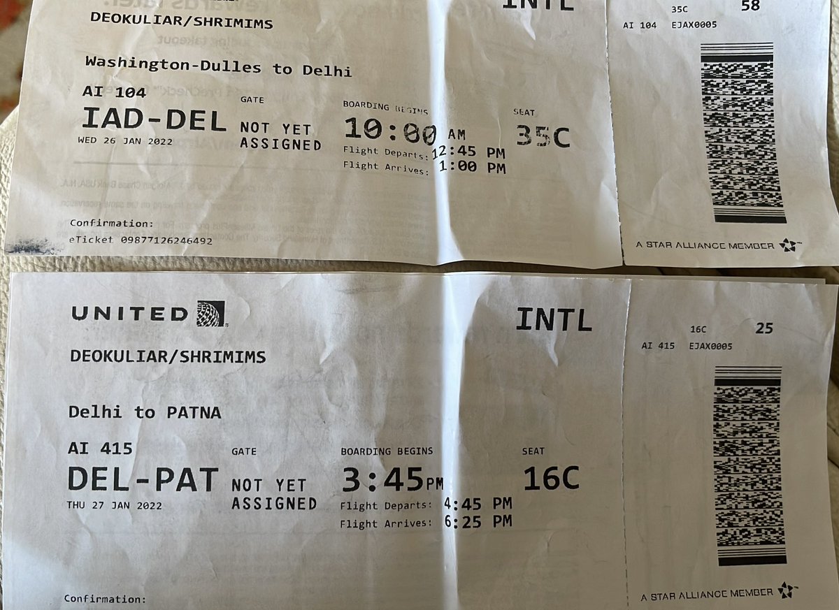 Shrimi14's tweet photo. I bought a Air India ticket originating Jacksonville to Patna.  The first flight was United to Washington DC.  On the day of Departure United checked all my paper work including the Covid test.  After checking thoroughly all the paper work then let me board the flight to (1/6) https://t.co/KXcsU0d4ze