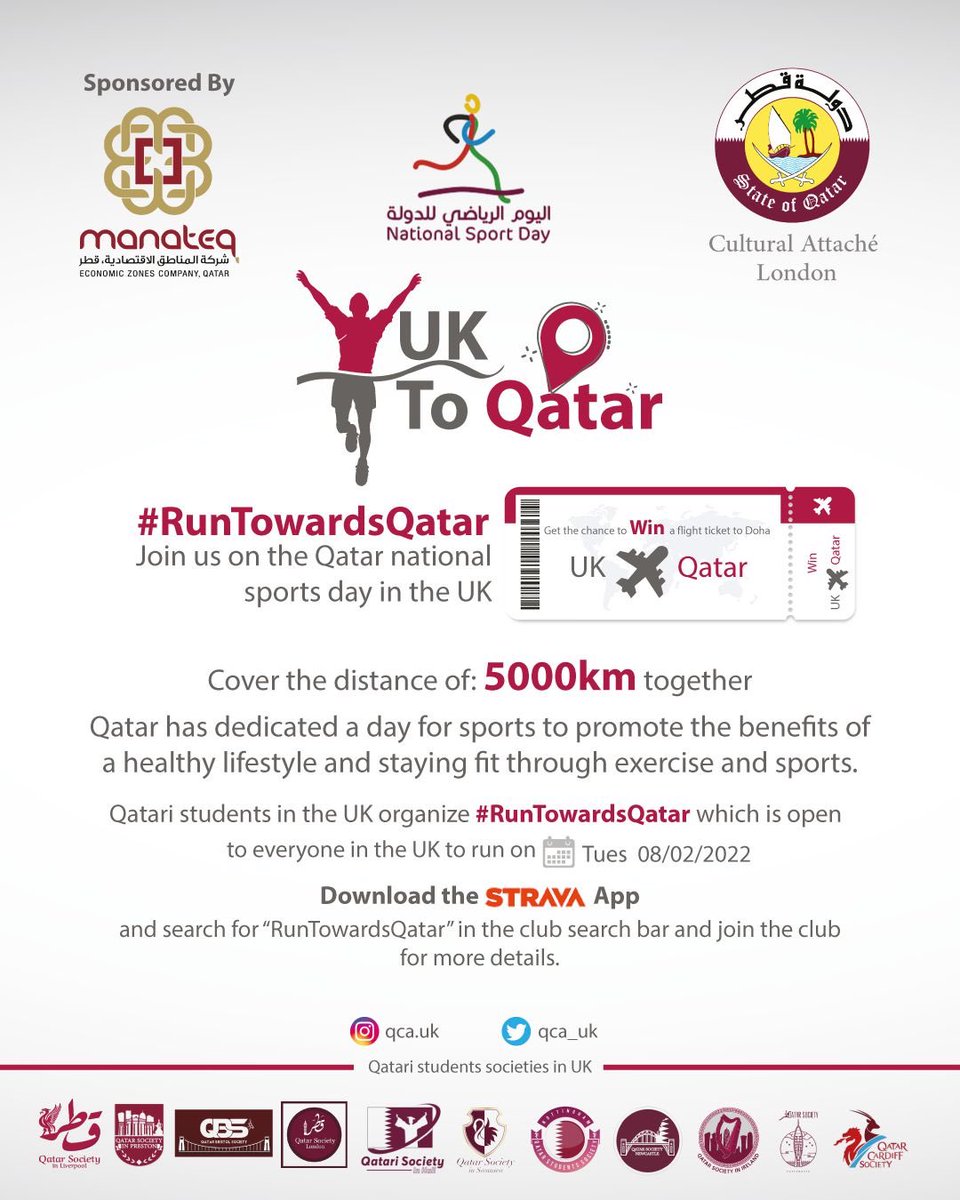 hullqtr1's tweet photo. الطلاب القطريين في بريطانيا ينظمون فعالية "لنجري حتى قطر" للوصول الى مسافة ٥٠٠٠ كم، وهي المسافة بين لندن والدوحة، حيث يبرزون من خلال هذه الفعالية دور قطر في الاهتمام بالرياضة كأسلوب حياة في المجتمع البريطاني 
#اليوم_الرياضي_للدولة_2022 
#النشاط_عافية 
#runtowardsqatar https://t.co/4PtIWQXzpb