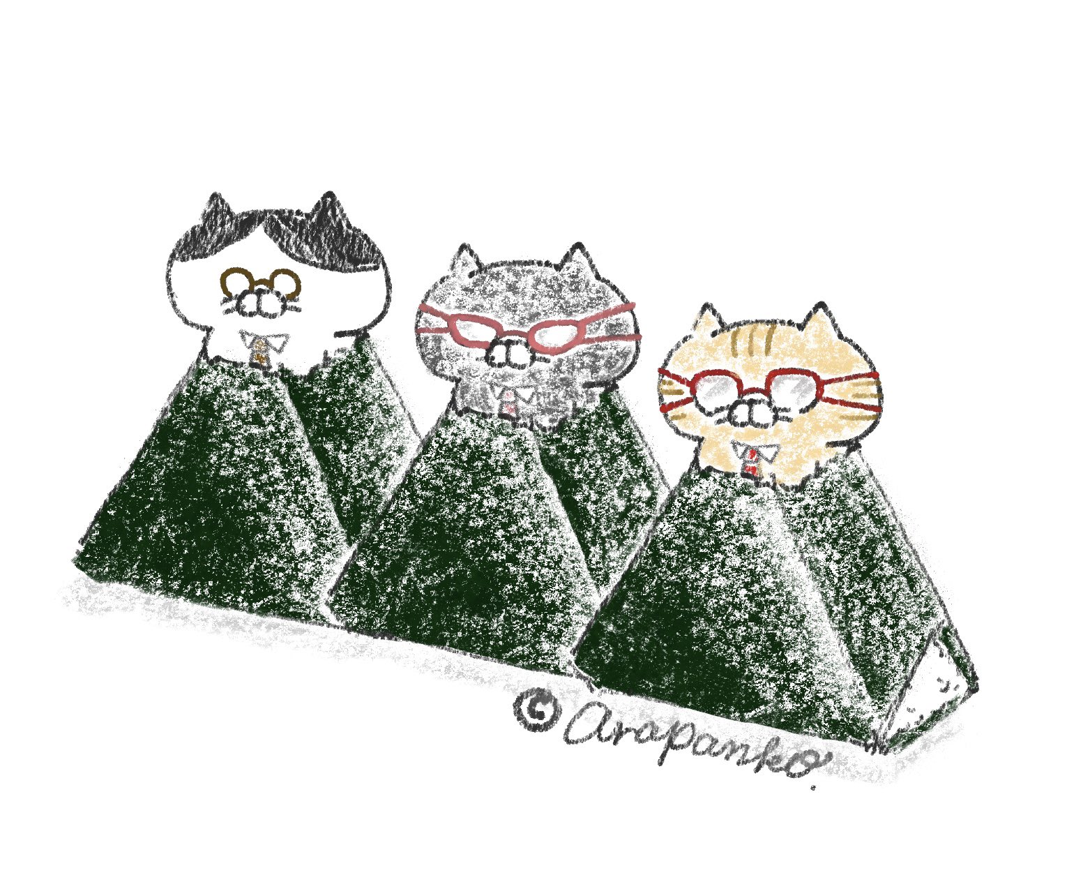 あらまつぱん子 コンビニおにぎりでパリッとクールに 今時のごはんねこスタイル ごはんねこ 猫好きな人と繋がりたい イラスト好きな人と繋がりたい コンビニおにぎり メガネフレーム色で具を判別 ハチワレの部長感 T Co Zwvjlildnx Twitter
