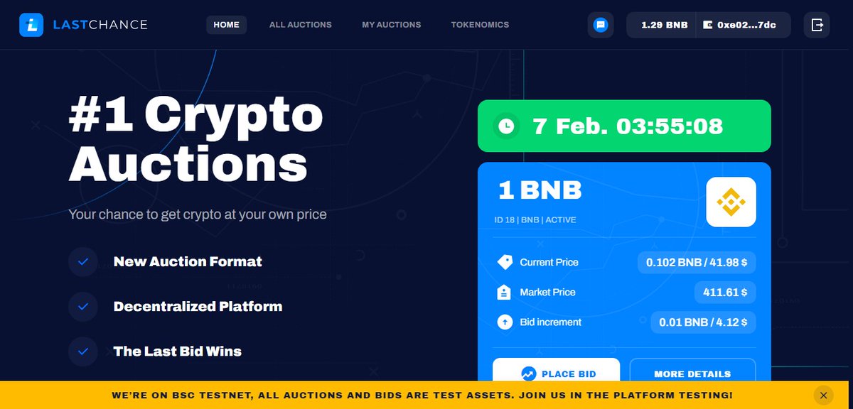 Sergey98030441's tweet photo. 🔥 It's done! Today, a test launch of the #LastChance crypto auction took place. There are currently 30 test auctions available where you can already place your bids. Platform work in BSC testnet.
💎#LastChanceBeta #BetaFebruary #CryptoAuction https://t.co/7m9A3BMiSR