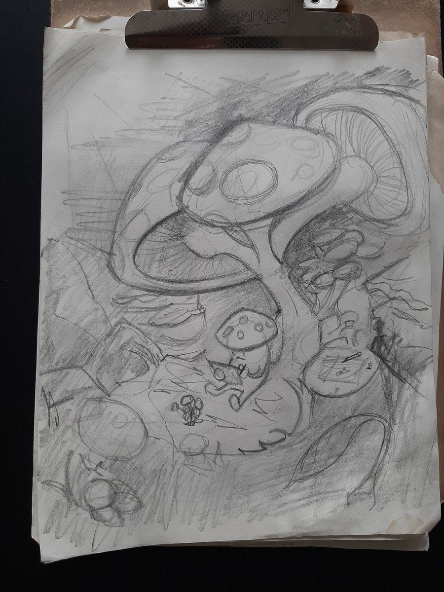 sharpnosefabio's tweet photo. Little rough sketch I did that I thought I'd share of a tiny mushroom being drawing little mushrooms in a big mushroom forest 😁 🍄 😁 #sketch https://t.co/WuitNTZuZ7