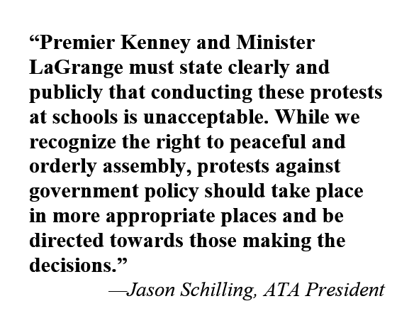 Responding to incidents of protests at several schools in recent days, ATA President Jason Schilling is calling upon the premier and minister of education to unequivocally assert that schools should be strictly out of bounds for protests. #abed #ableg loom.ly/nXQMU08