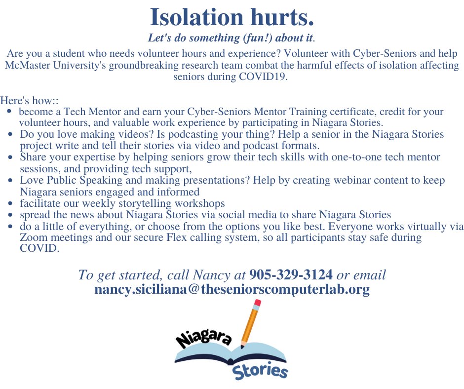 For students and for seniors--a way to bring people together to do something they love--while helping McMaster to combat COVID 19 isolation. Bonus: fascinating life stories about Niagara seniors that will become part of our shared history.