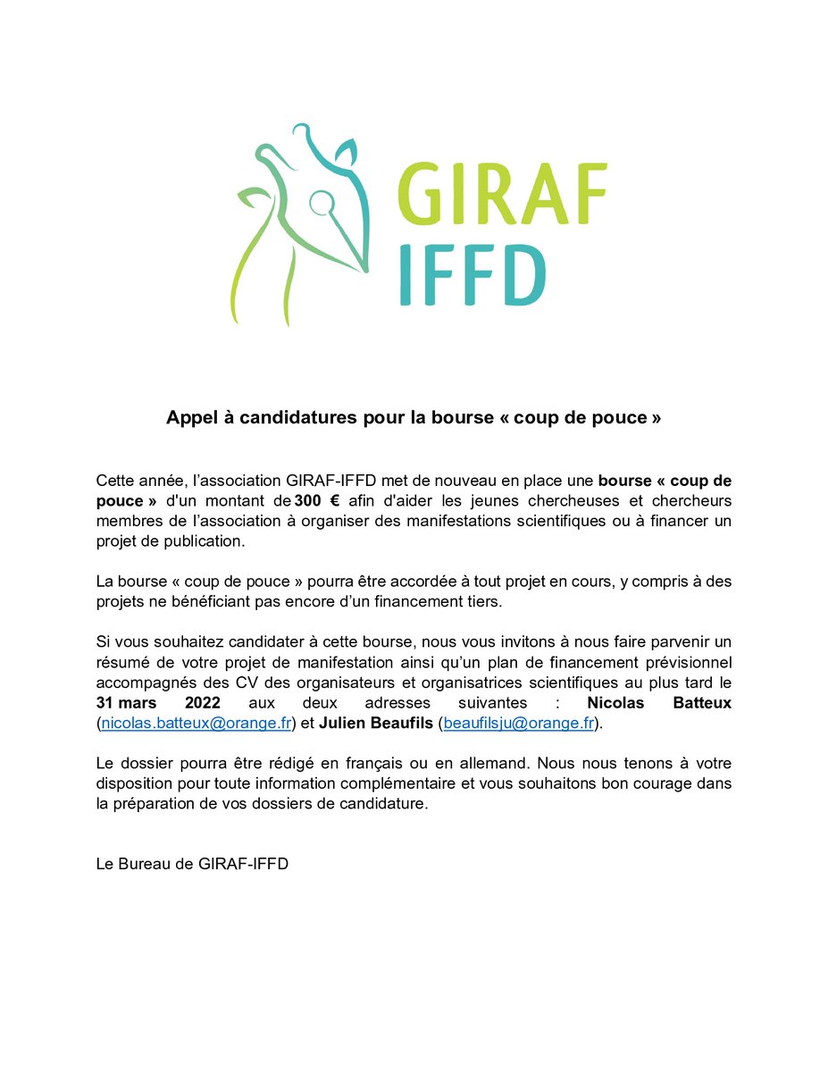 📢 BOURSE COUP DE POUCE 𝘈𝘯𝘴𝘤𝘩𝘶𝘣𝘧𝘪𝘯𝘢𝘯𝘻𝘪𝘦𝘳𝘶𝘯𝘨 2022
Cette année encore <a href="/GIRAF_IFFD/">🇫🇷 GIRAF-IFFD 🇩🇪</a> met en place une bourse pour aider des jeunes chercheur·e·s dans leurs projets scientifiques.
Envoyez-nous vos candidatures jusqu'au 31.03
Info sur le fichier ↪️