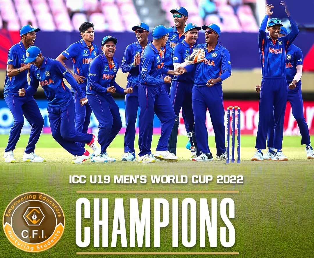 CFIorganisation's tweet photo. Congratulations on winning the U19 World Cup 🇮🇳🇮🇳 !

India beat England by 4 wickets in the Under 19 World Cup Final. This is India's fifth #U19WorldCup title 
#U19WorldCup2022 #IndiaU19 https://t.co/AXLWAtpcd9