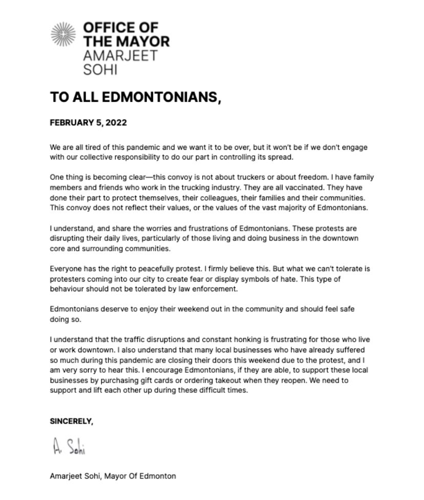 cspotweet's tweet photo. Edmonton mayor Amarjeet Sohi issues statement on convoy protest saying “This convoy is not about truckers or about freedom.”

#yeg #yyc #ableg #covid19ab https://t.co/hFSkFFR1bC