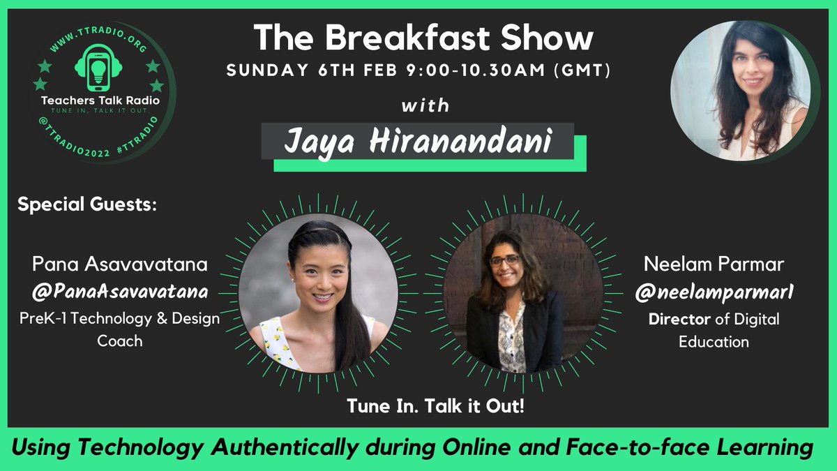 TTRadioOfficial's tweet image. One hour until the Breakfast Show with @mshiranandani!

Jaya&apos;s talking about using technology authentically during online and face-to-face learning!

She&apos;s joined by @PanaAsavavatana and @neelamparmar1!

Tune in. Talk it Out!

#TTRadio