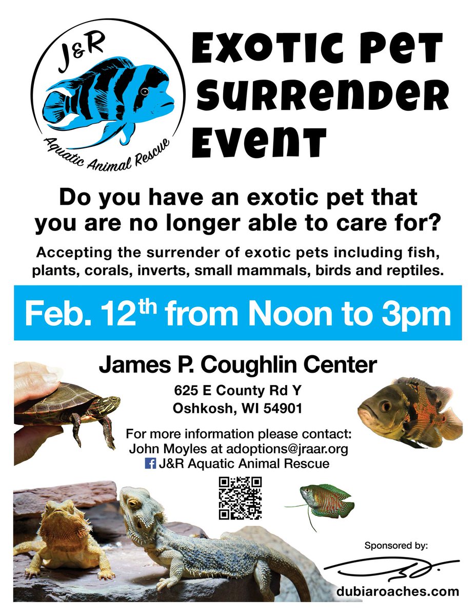 aquatic_r's tweet photo. Do you have an exotic pet that you are no longer able to care for?
If so, bring your pet to the Exotic Pet Surrender Event on Feb 12th between 12 PM and 3 PM at the Coughlin Center, Oshkosh, WI 54901.
#habitattitude #JRAAR #BeAHeroReleaseZero #AIS #SurrenderDontRelease https://t.co/s2gG3k9PgL