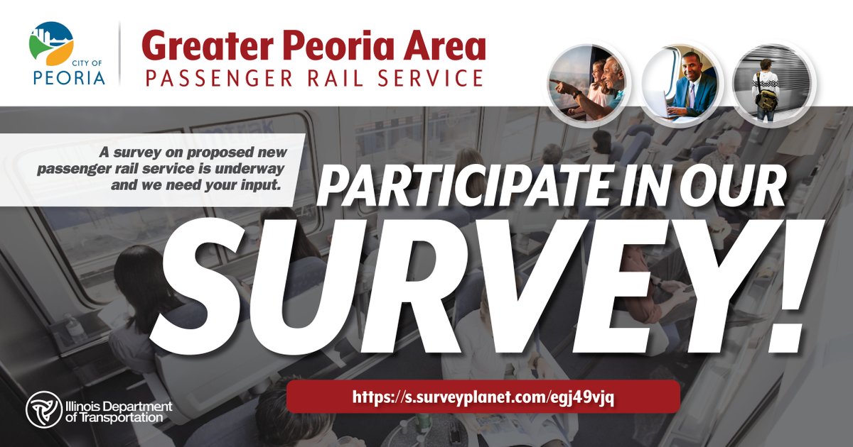 CityofPeoria_IL's tweet photo. We want to hear from you! Take the survey and let us know what you think about passenger rail service in Central Illinois.
Click here to participate: https://t.co/2dwucIcgtW
#RegionalConnection https://t.co/cdlFScESq2