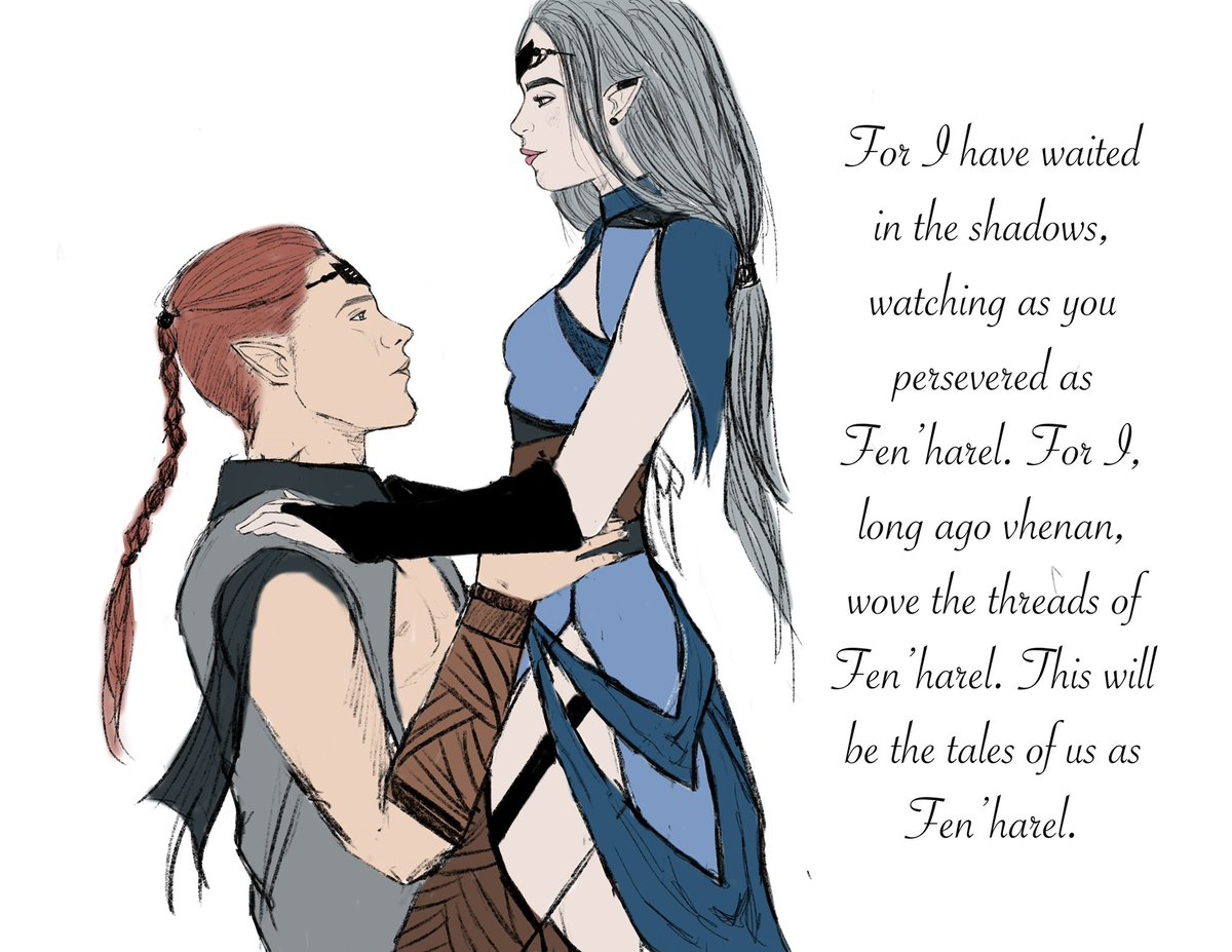 EllainaGrey's tweet photo. The flat coloring has been done. Erylas lives on in my mind as I work further into their love story. Before the Veil. Before the end of their world. #DragonAge #DragonAgeInquisition #dragonageart #artistsontwitter #solas #erys #myOC https://t.co/k7ehaLnikH