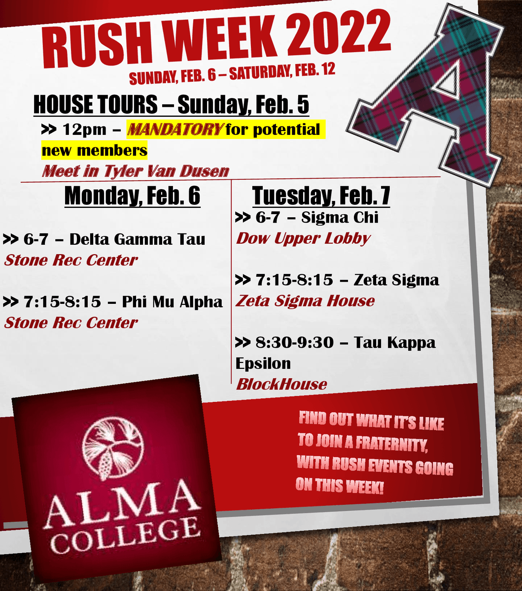 ac_ifc's tweet photo. RUSH WEEK STARTING THIS WEEK, GET HYPE EVERYONE.

House tours are tomorrow, and MANDATORY for all potential new brothers! Meeting in Tyler Van Dusen at 12pm tomorrow!

Good luck to everyone out there and stay safe. https://t.co/ayssqdkn44