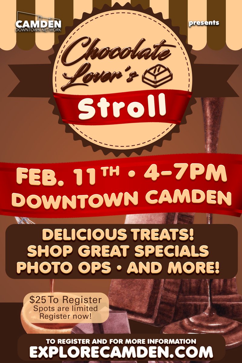 FirstMonthly's tweet image. Chocolate Lover's Stroll.  This Fri 4PM - 7PM participate any time during the 3 hrs 
A fun evening in downtown Camden take your photos, grab some chocolate treats, get a cute commemorative mug.  Cost is $25.00 limited number of tickets! 
Register at:
eventbrite.com/e/251375108717…