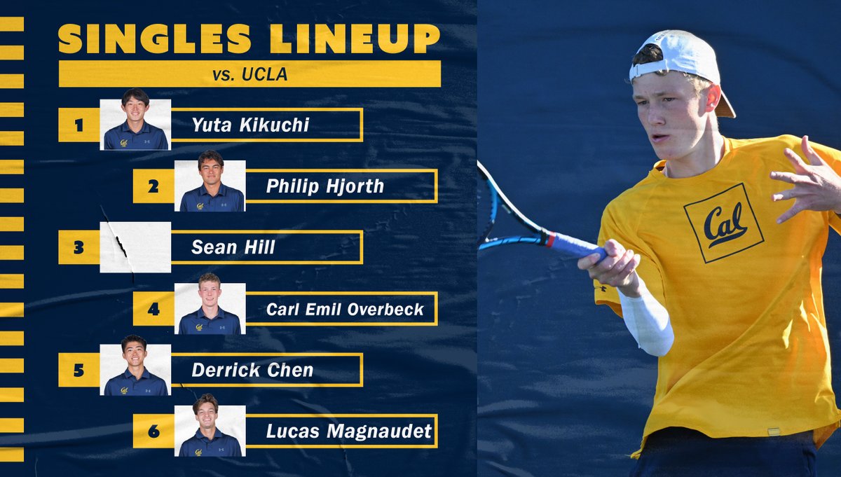 CalMensTennis's tweet photo. Here's the singles lineup! (Sean Hill 📸 to come) #CalVsUCLA #GoBears https://t.co/z9V7rm6ZFN