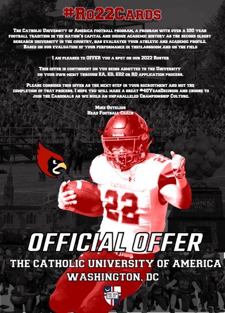 Blessed to receive my first offer from <a href="/CatholicU_FB/">𝘾𝘼𝙏𝙃𝙊𝙇𝙄𝘾 𝙐 𝙁𝙊𝙊𝙏𝘽𝘼𝙇𝙇</a> . I wanna say thanks to <a href="/Coach_Beech42/">Brandon Beech🏈</a> and <a href="/CoachMikeGut/">Mike Gutelius '92</a> for giving me a warm welcome on my visit. #40yeardecision #RO22Cards