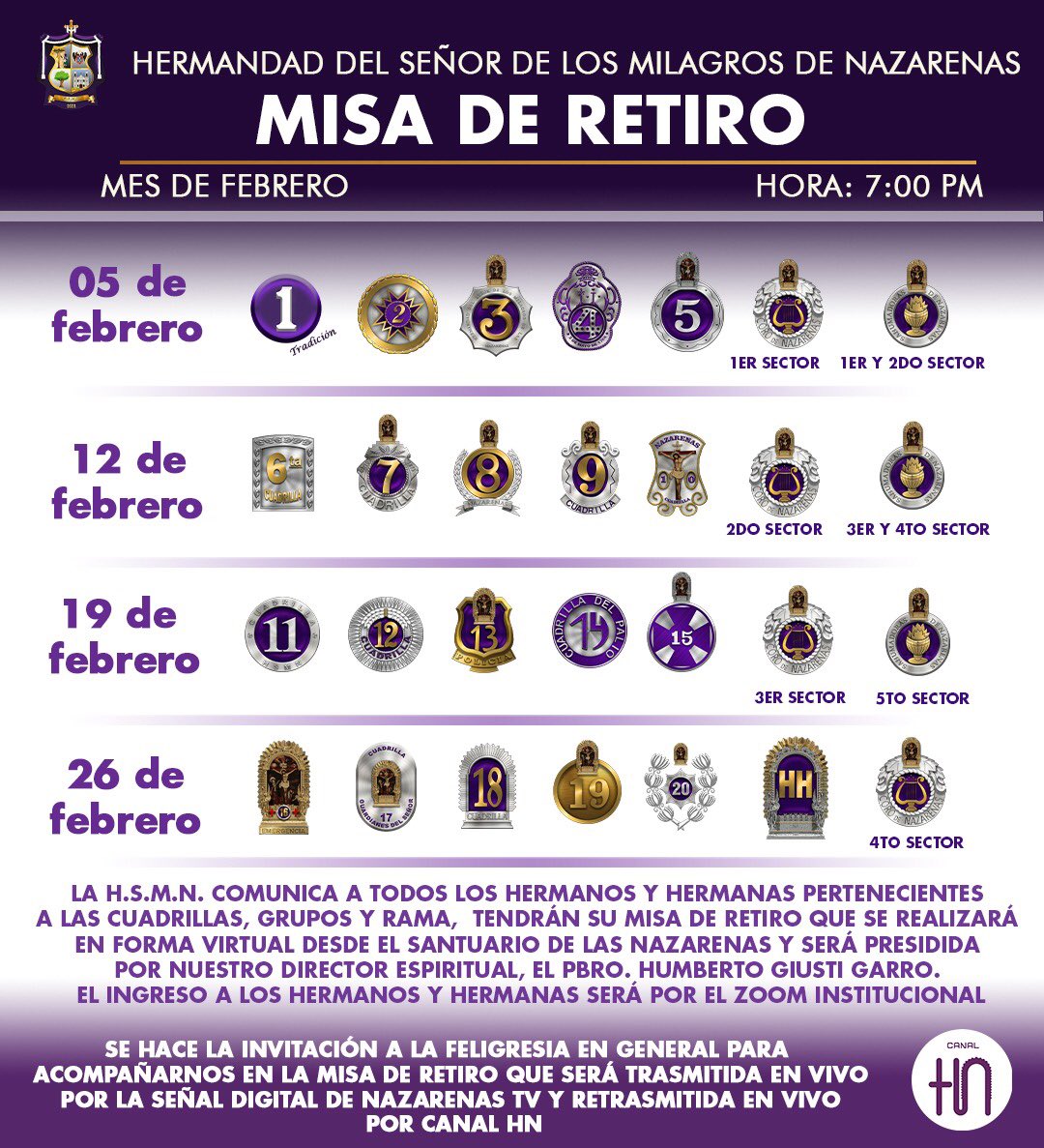 HSMNazarenas's tweet photo. Rol de misas de retiro para este mes de Febrero 2022 #HSMN https://t.co/EScBlF2XOh