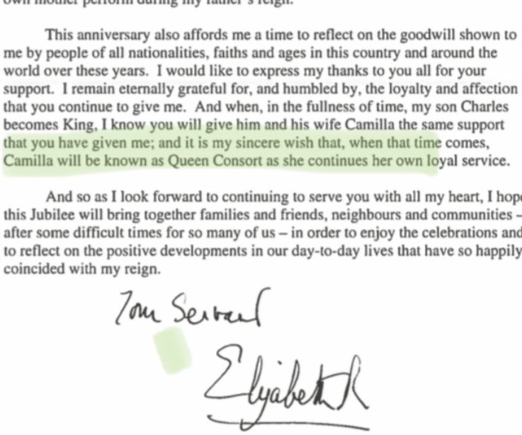 chrisshipitv's tweet photo. NEW: Big Royal story tonight - The Queen has announced she wants Camilla, her daughter-in-law, to be known as QUEEN CAMILLA when Prince Charles becomes King. 
She does it in a statement, from Sandringham, on the eve of her historic Platinum Jubilee.
Full statement - and key bit👇 https://t.co/MlVHDWyd5a