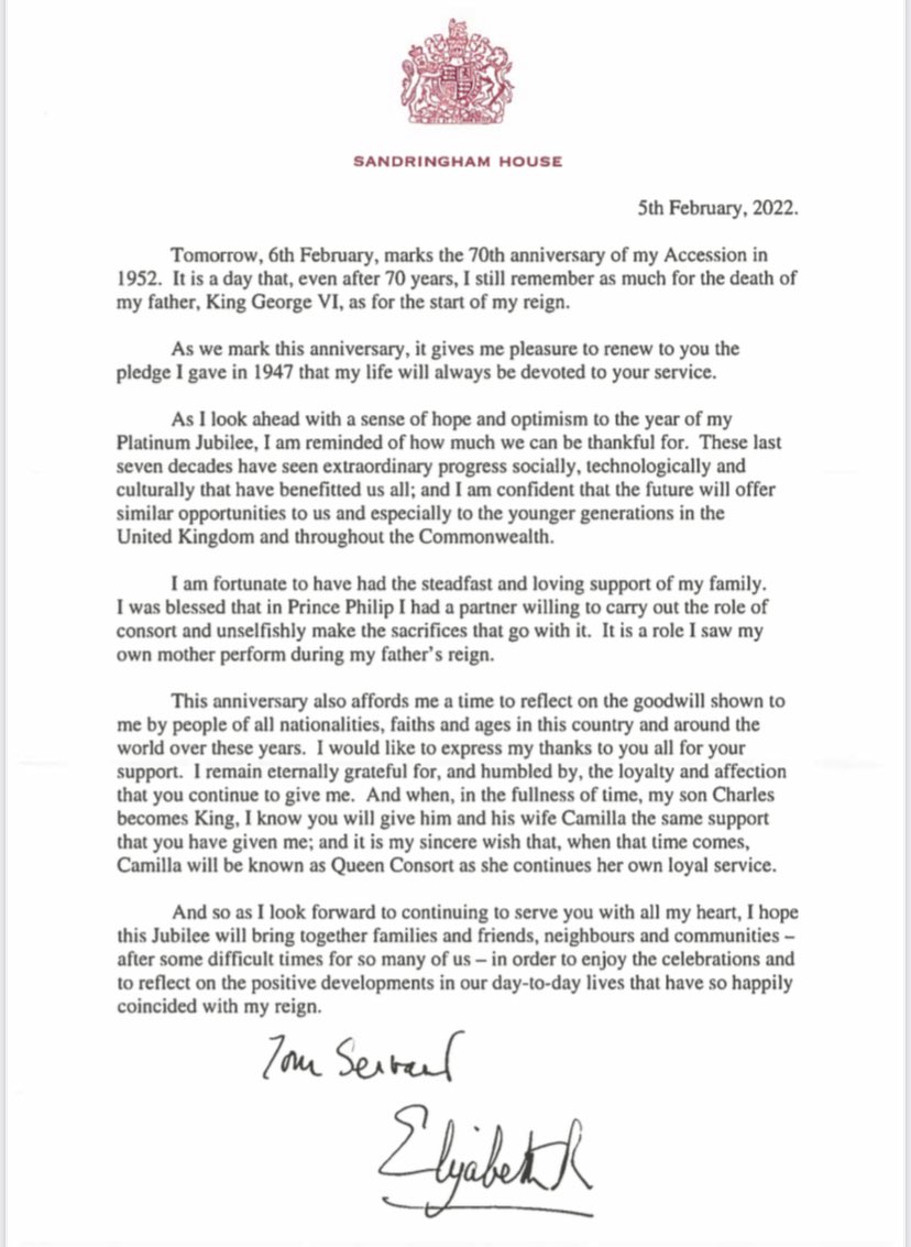 chrisshipitv's tweet photo. NEW: Big Royal story tonight - The Queen has announced she wants Camilla, her daughter-in-law, to be known as QUEEN CAMILLA when Prince Charles becomes King. 
She does it in a statement, from Sandringham, on the eve of her historic Platinum Jubilee.
Full statement - and key bit👇 https://t.co/MlVHDWyd5a