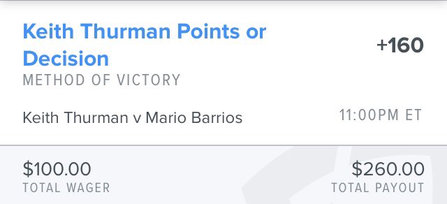 Tonight’s pick. I’m thinking Thurman still has it. Both have good enough defense and neither has a huge KO percentage. So, Thurman by Decision for +160. Good fight ahead regardless. #boxing #ThurmanBarrios