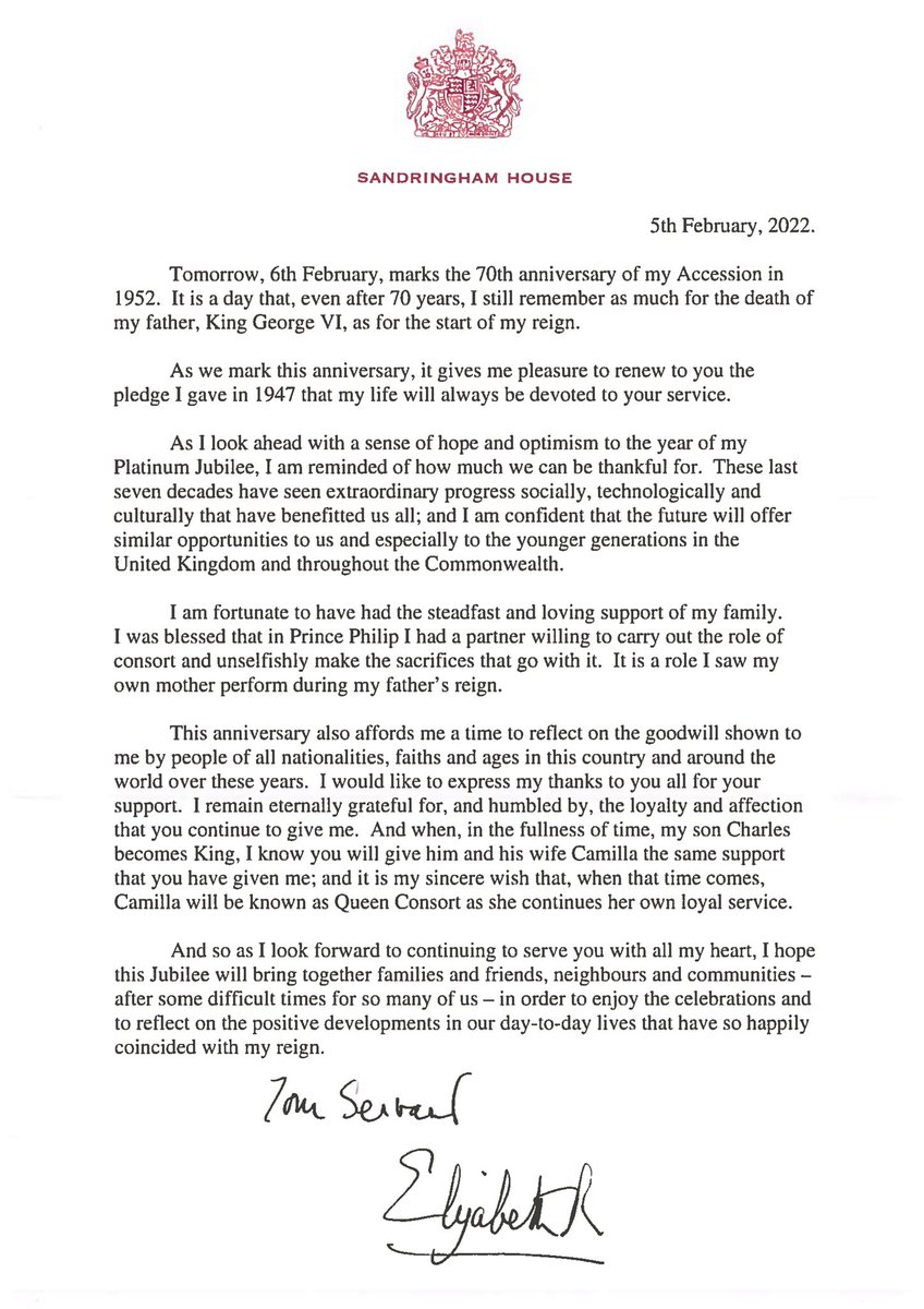 ✍️ On the eve of the 70th anniversary of her Accession to the throne, The Queen has written a message thanking the public and her family for their support, and looking forward to #PlatinumJubilee celebrations over the coming year. #HM70