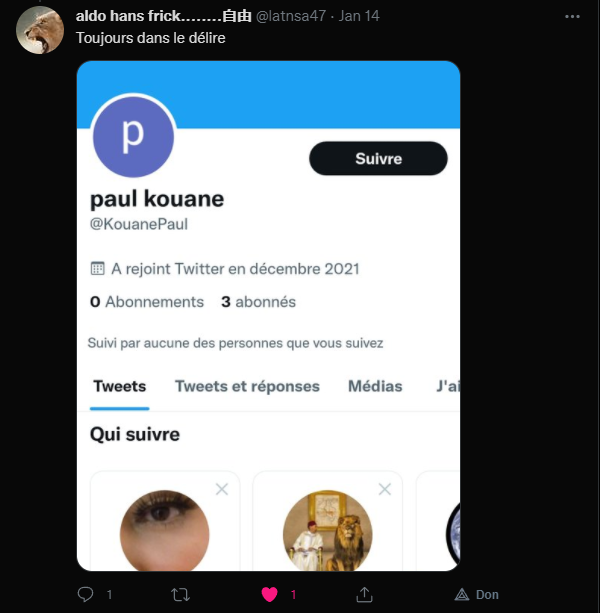 KouanePaul's tweet photo. @latnsa47 @Karim25481208 @toudrii1 @France24_fr il y'a eu du progrès, son compte c'est full dessins scato et screen de comptes un vrai débile. https://t.co/jKi3bYWNf5