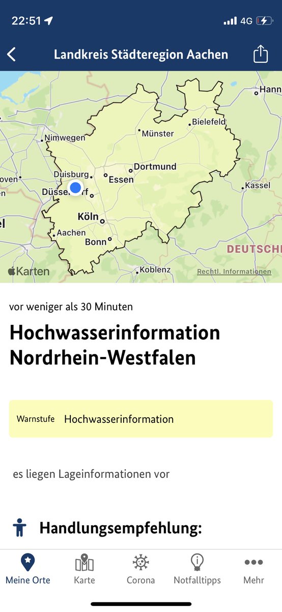 #nina warnt vor Hochwasser. NRW-weit. Okay, könnte ja wichtig sein, also mal reingeschaut: „es liegen Lageinformationen vor“. Das sagt mir als Einsatzkraft vielleicht etwas, aber als unkundiger Bürger reicht das nicht. Ist das jetzt eine Warnung? Also mal auf den Link klicken.