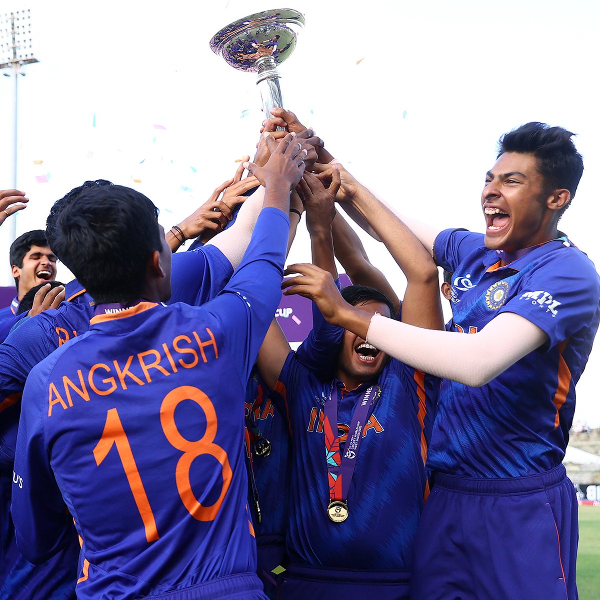 ICC's tweet photo. That #U19CWC winning feeling 💙 https://t.co/wKk7BibxXh